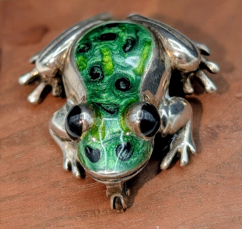 Vtg 925 Italy Sterling Hand-Painted Green Spotted Enamel Frog Brooch 11.14g